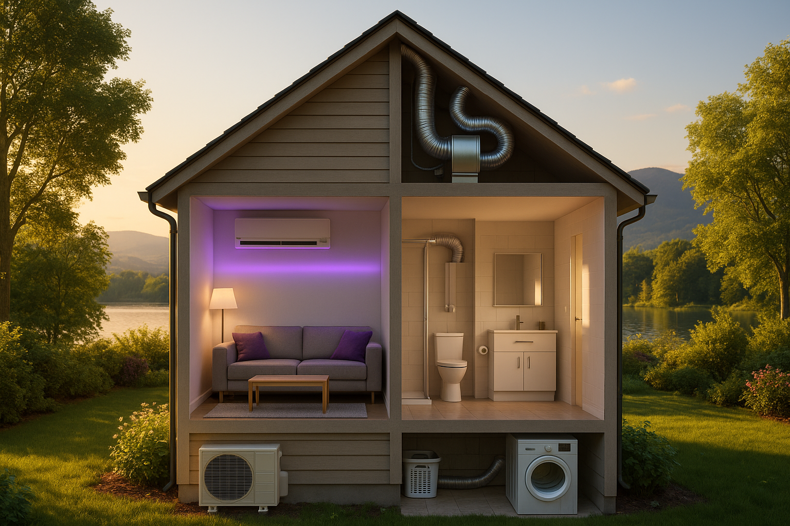 Maison en coupe montrant la thermopompe murale au salon, l'échangeur d'air à l'étage et la sécheuse au sous-sol